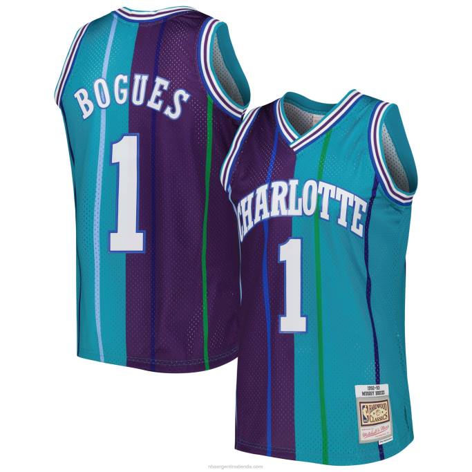 NBA 0F6D2246 charlotte hornets muggsy bogues teal/purple hardwood classics 199split swingman jersey