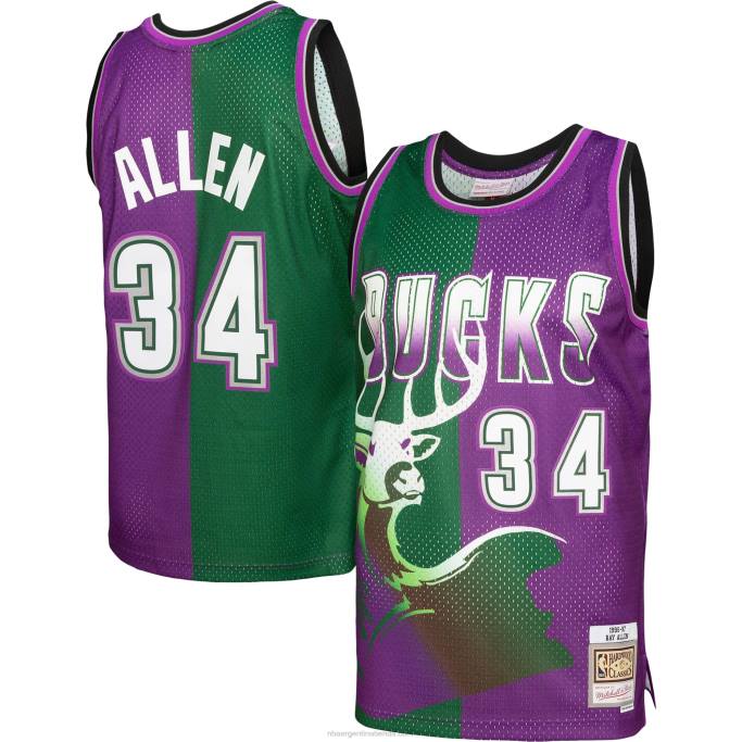 NBA 0F6D7107 milwaukee bucks ray allen mitchell & ness camiseta verde/púrpura hardwood classics split swingman