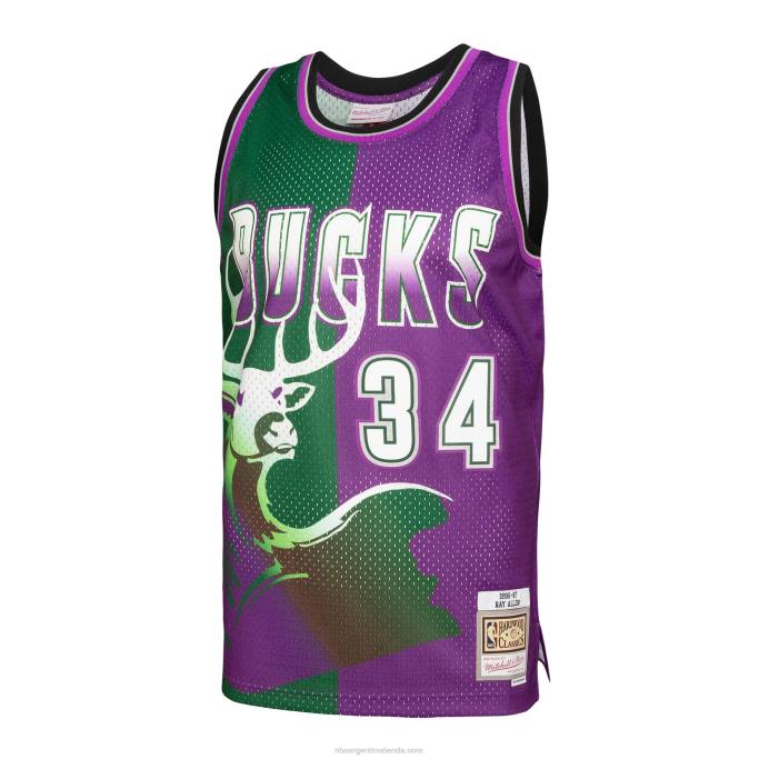 NBA 0F6D7107 milwaukee bucks ray allen mitchell & ness camiseta verde/púrpura hardwood classics split swingman
