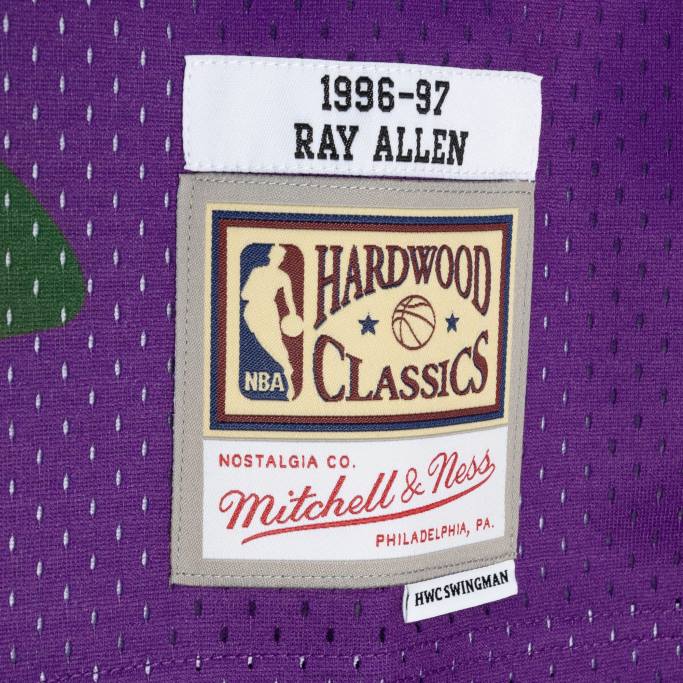 NBA 0F6D7107 milwaukee bucks ray allen mitchell & ness camiseta verde/púrpura hardwood classics split swingman