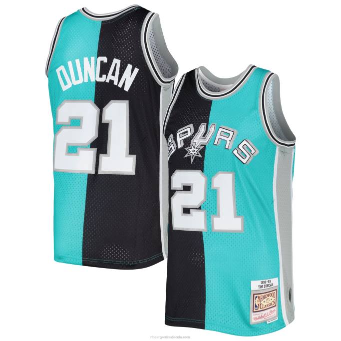 NBA 0F6D2215 camiseta de los san antonio spurs tim duncan mitchell & ness black/teal hardwood classics split swingman jersey