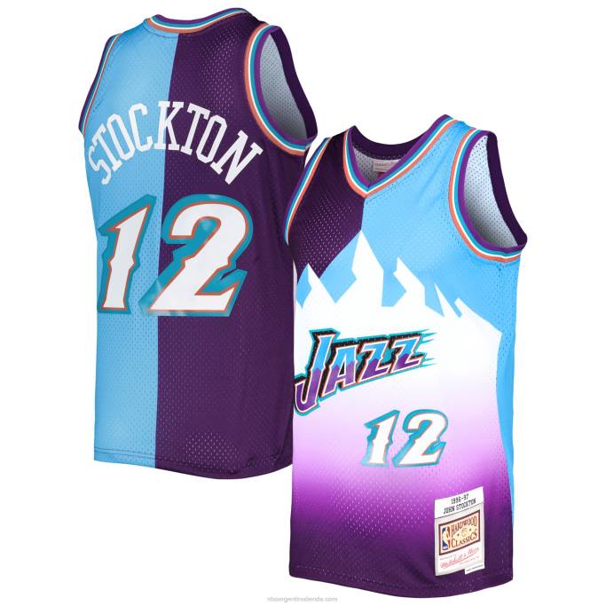 NBA 0F6D1415 utah jazz john stockton mitchell & ness púrpura/turquesa hardwood classics split swingman jersey