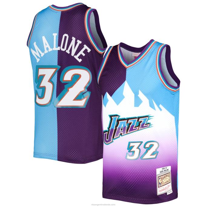 NBA 0F6D3198 utah jazz karl malone mitchell & ness púrpura/turquesa hardwood classics split swingman jersey