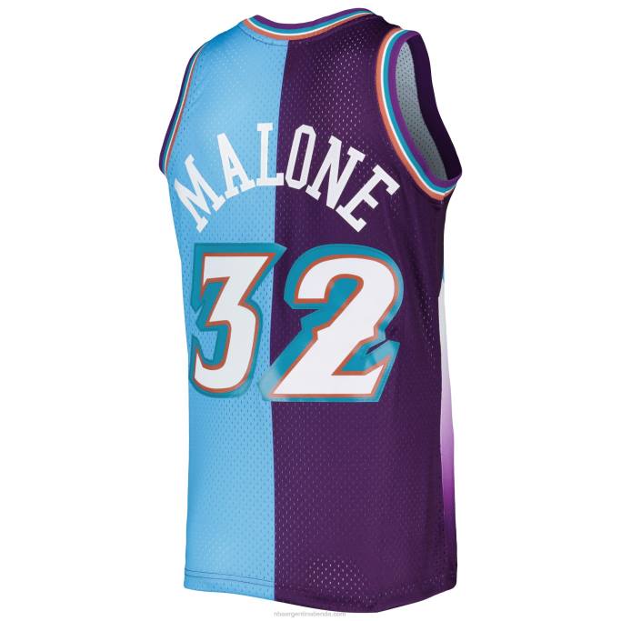 NBA 0F6D3198 utah jazz karl malone mitchell & ness púrpura/turquesa hardwood classics split swingman jersey