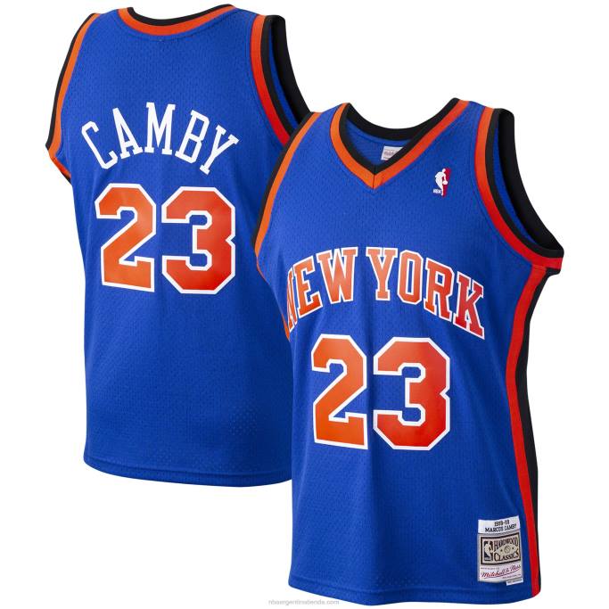 NBA 0F6D1290 nueva york knicks marcus camby mitchell & ness blue hardwood classics swingman player jersey