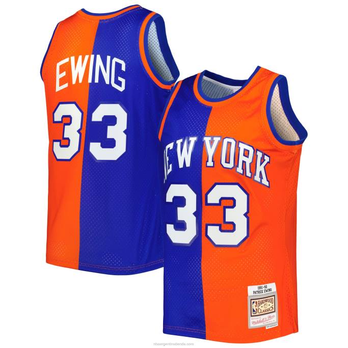 NBA 0F6D170 New York Knicks patrick ewing mitchell & ness azul/naranja hardwood classics split swingman jersey