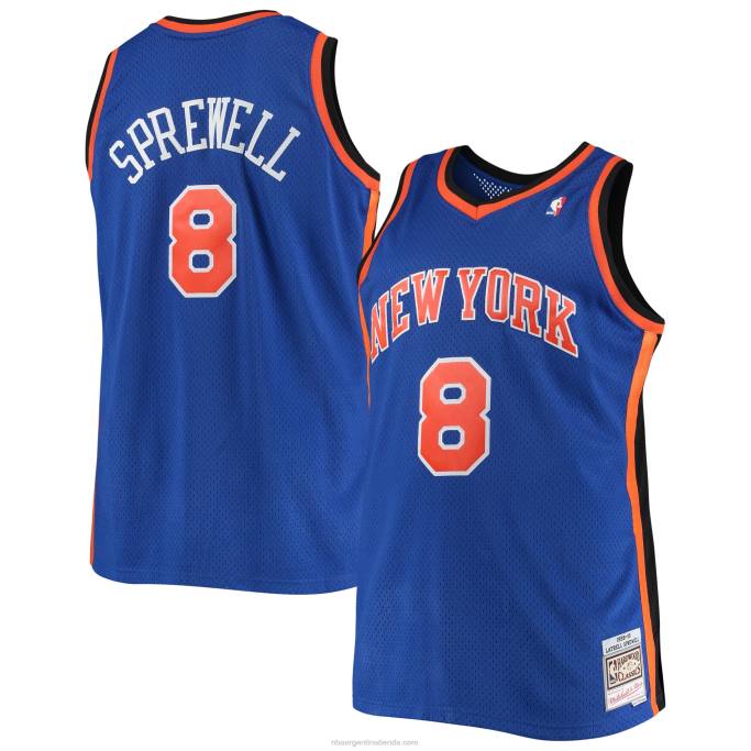 NBA 0F6D4471 new york knicks latrell sprewell mitchell & ness azul grande y alto clásico de madera dura jersey
