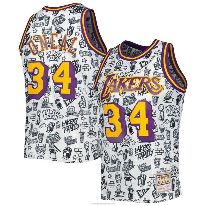 NBA 0F6D1536 los angeles lakers shaquille o'neal mitchell & ness blancas de madera dura clásicas garabatos swingman jersey