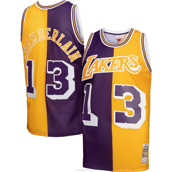 NBA 0F6D4704 Los angeles lakers wilt chamberlain púrpura/dorado hardwood classics 1971-72 split swingman jersey