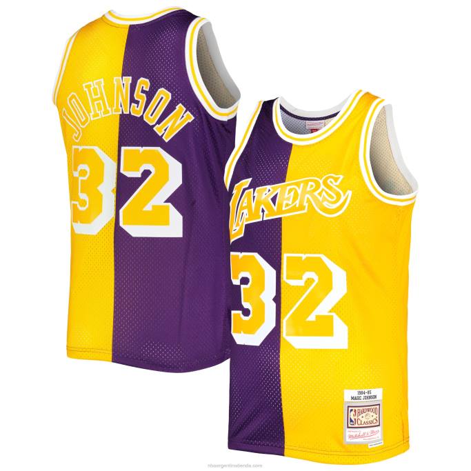 NBA 0F6D6349 camiseta los angeles lakers magic johnson morado/dorado hardwood classics 1984-85 split swingman