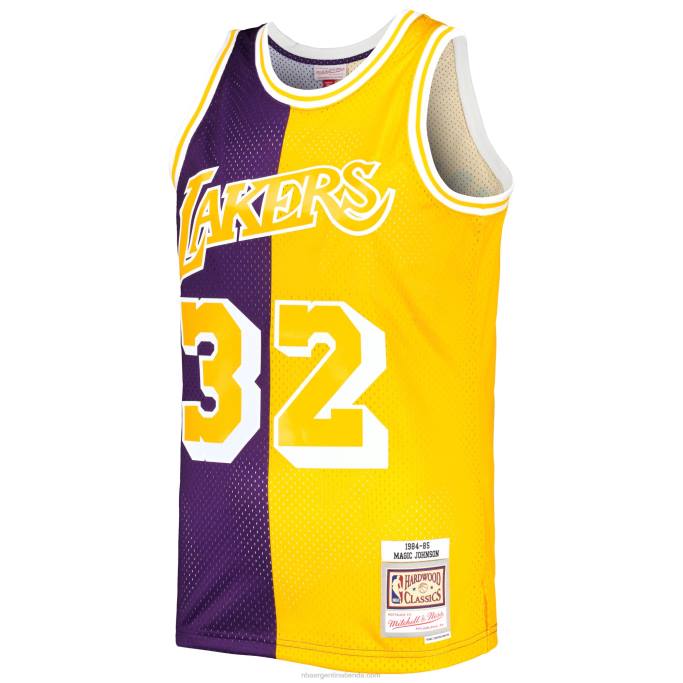 NBA 0F6D6349 camiseta los angeles lakers magic johnson morado/dorado hardwood classics 1984-85 split swingman