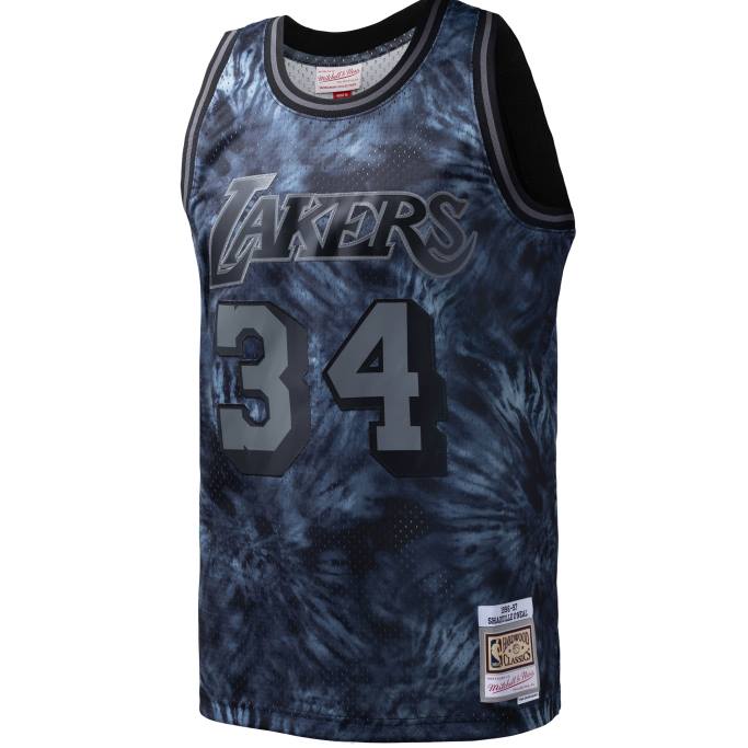 NBA 0F6D7257 los angeles lakers shaquille o'neal mitchell & ness negro hardwood classics tie-dye swingman jersey