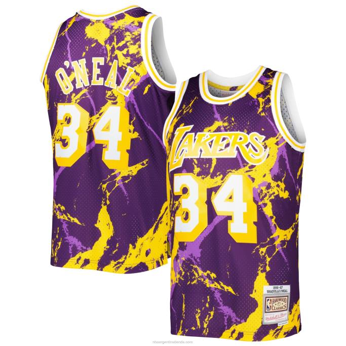NBA 0F6D7887 los angeles lakers shaquille o'neal mitchell & ness púrpura madera dura clásicas mármol swingman jersey