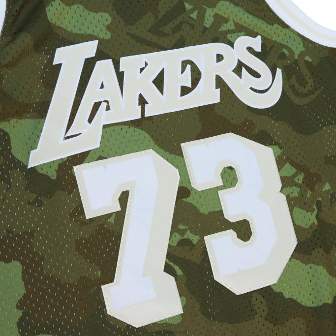 NBA 0F6D8454 los angeles lakers dennis rodman mitchell & ness camo hardwood classics ghost green swingman jersey