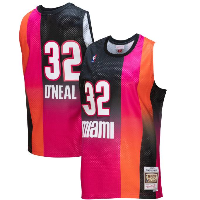 NBA 0F6D7556 miami heat shaquille o'neal rosa / negro hardwood classics fadeaway swingman player jersey