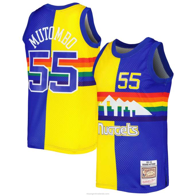 NBA 0F6D235 denver nuggets dikembe mutombo mitchell & ness royal/gold hardwood classics split swingman jersey