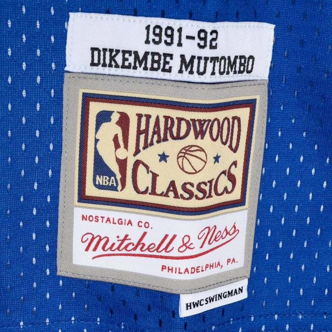 NBA 0F6D235 denver nuggets dikembe mutombo mitchell & ness royal/gold hardwood classics split swingman jersey