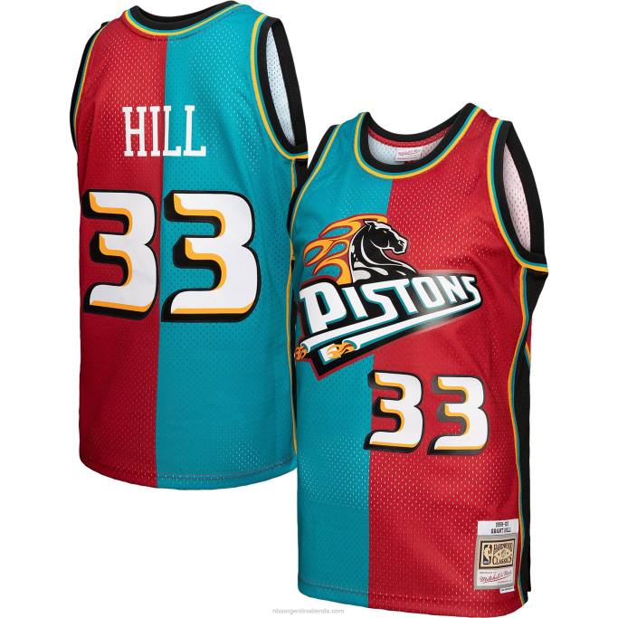NBA 0F6D2105 detroit pistons grant hill mitchell & ness teal/red hardwood classics 1999-00 split swingman jersey