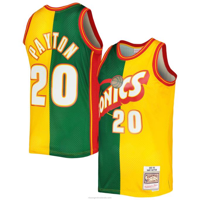 NBA 0F6D3327 seattle supersonics gary payton mitchell & ness verde/dorado hardwood classics split swingman jersey