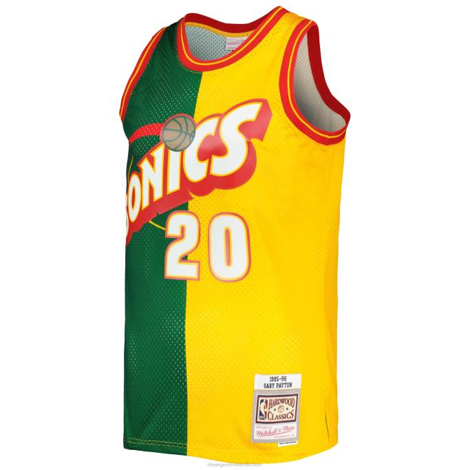 NBA 0F6D3327 seattle supersonics gary payton mitchell & ness verde/dorado hardwood classics split swingman jersey