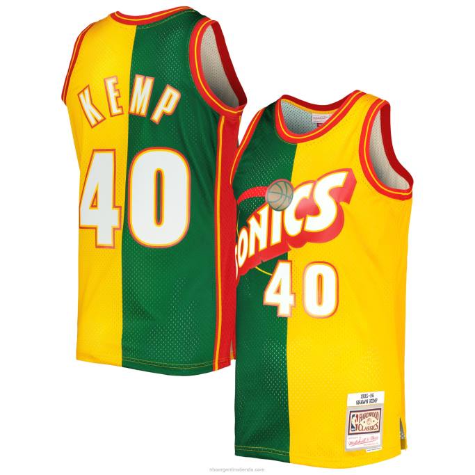 NBA 0F6D987 Seattle supersonics shawn kemp mitchell & ness verde/dorado hardwood classics split swingman jersey
