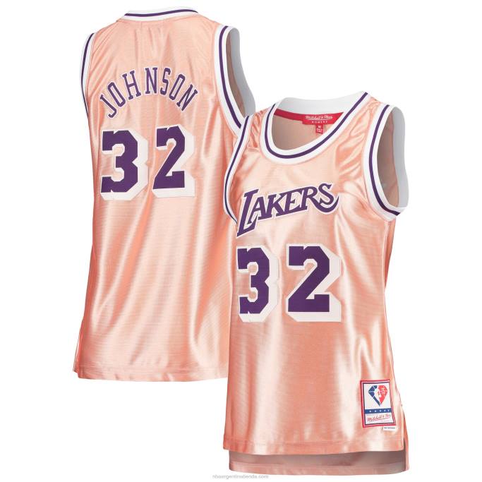 NBA 0F6D9737 camiseta de los angeles lakers magic johnson rosa 75 aniversario oro rosa 1984 swingman