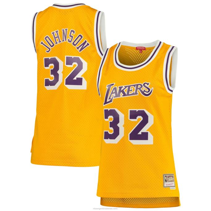 NBA 0F6D9809 camiseta de los angeles lakers magic johnson mitchell & ness gold 1984-85 hardwood classics swingman